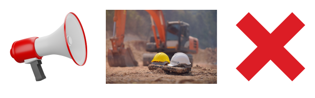 Bullhorn, construction hats and a red X